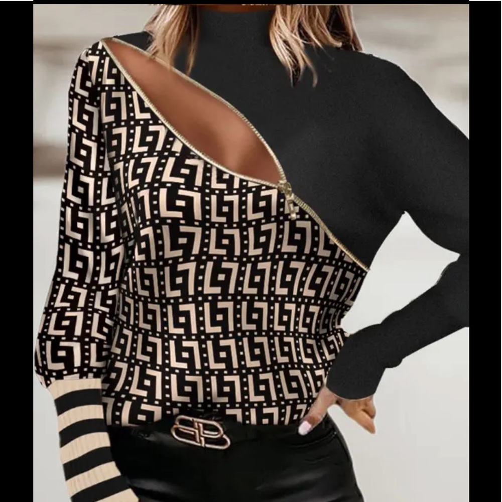 🎉New Modern Sexy Geometric Print Zipper One Shoulder Sleeve Top - Picture 2 of 10